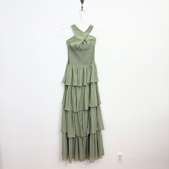 Peppermayo Salma Sage Green Smocked Tiered Maxi Dress Halter Size 2 - Picture 2 of 6